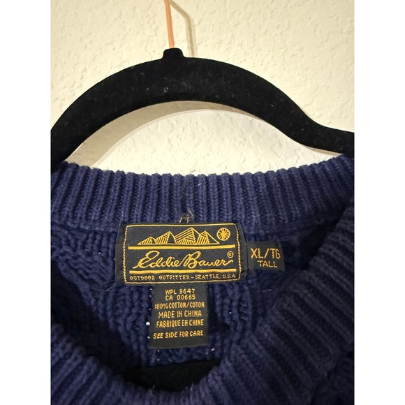 Eddie Bauer Vintage Mens Blue Cable Knit Cotton Sweater XL Tall Fishermencore - Picture 3 of 4